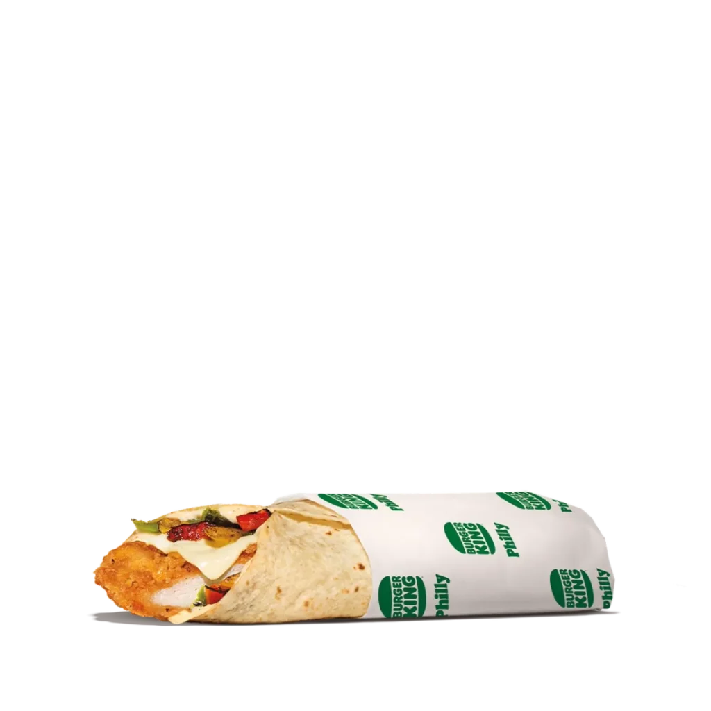 Chicken Philly Royal Crispy Wrap from Burger King with crispy chicken and Philly-style toppings wrapped in a tortilla