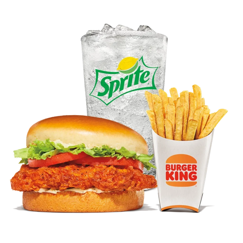 Fiery Royal Crispy Chicken Meals from Burger King with a spicy crispy chicken sandwich served with sides and a drink