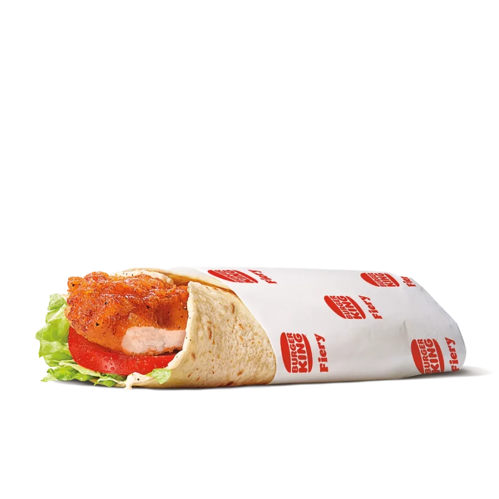 Fiery Royal Crispy Wrap from Burger King with spicy crispy chicken and bold flavors wrapped in a tortilla