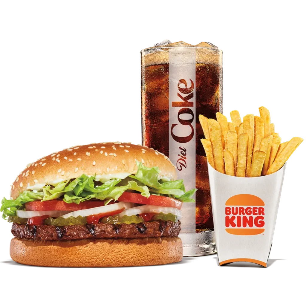 Impossible Whopper Meals from Burger King with a plant-based patty that tastes like beef served with sides and a drink