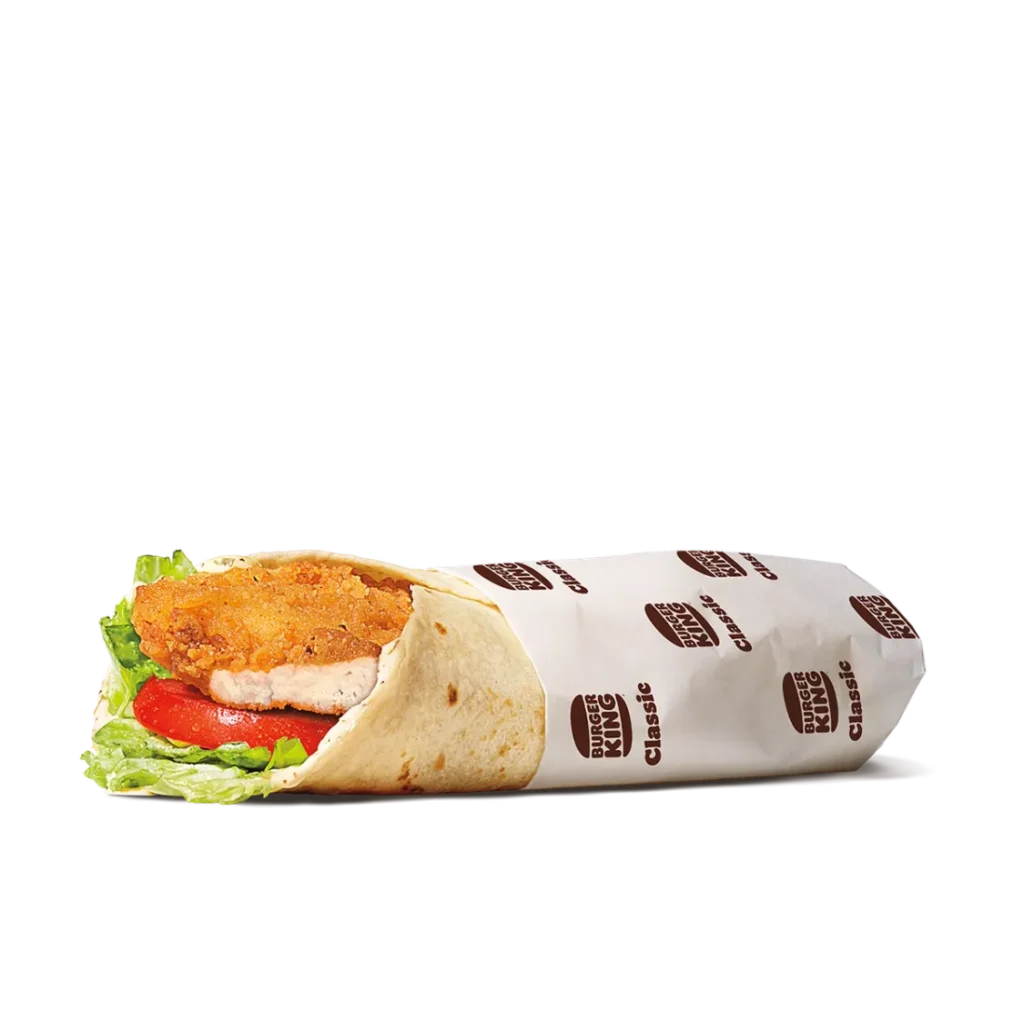 Royal Crispy Wrap from Burger King featuring crispy chicken with fresh veggies and sauces wrapped in a soft tortilla