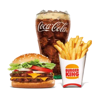 Indulge in Burger King's Double Whopper Jr. with Cheese, featuring two juicy beef patties, melted cheese, and fresh toppings on a soft bun